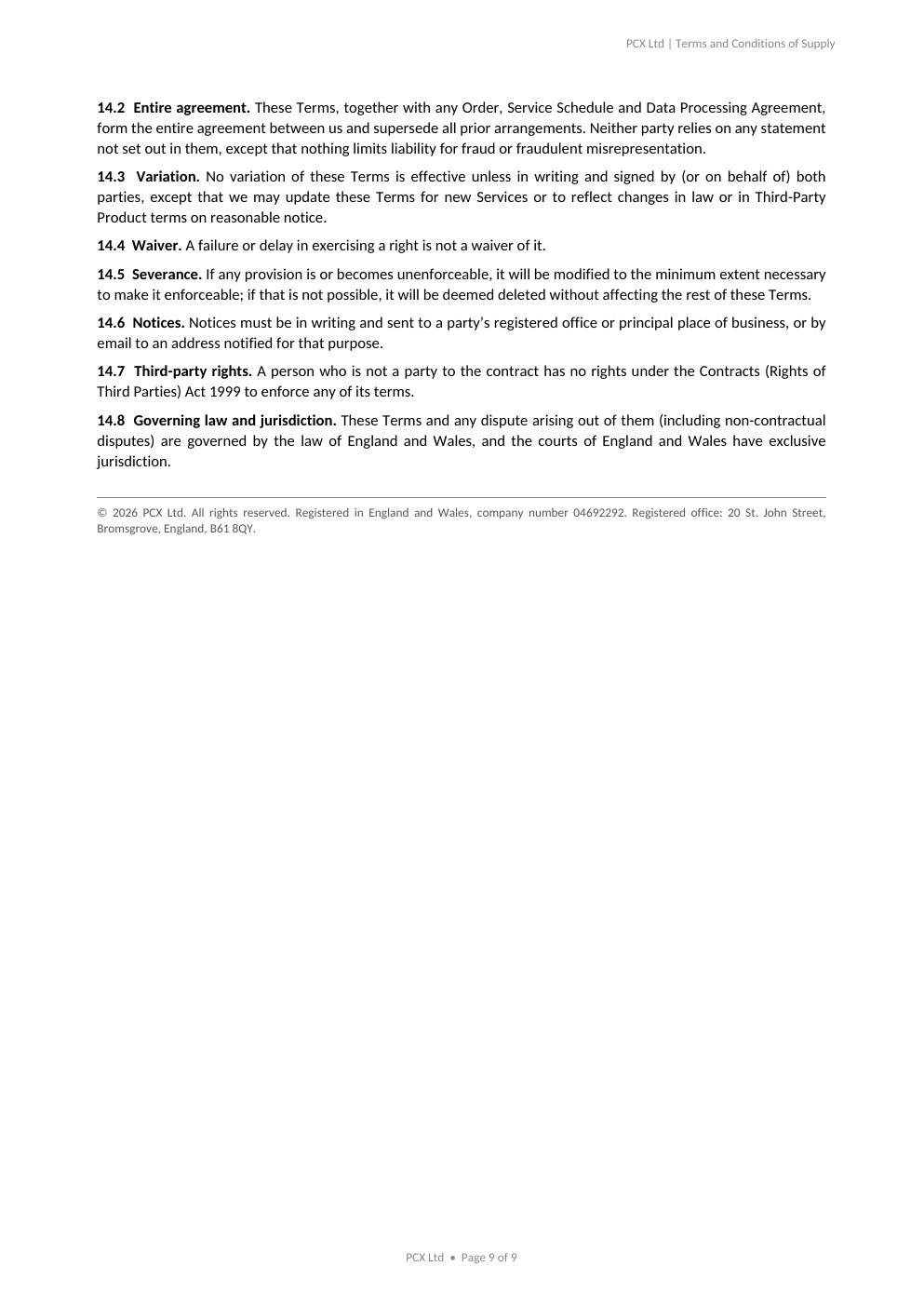PCX Ltd Terms and Conditions, page 9 of 9
