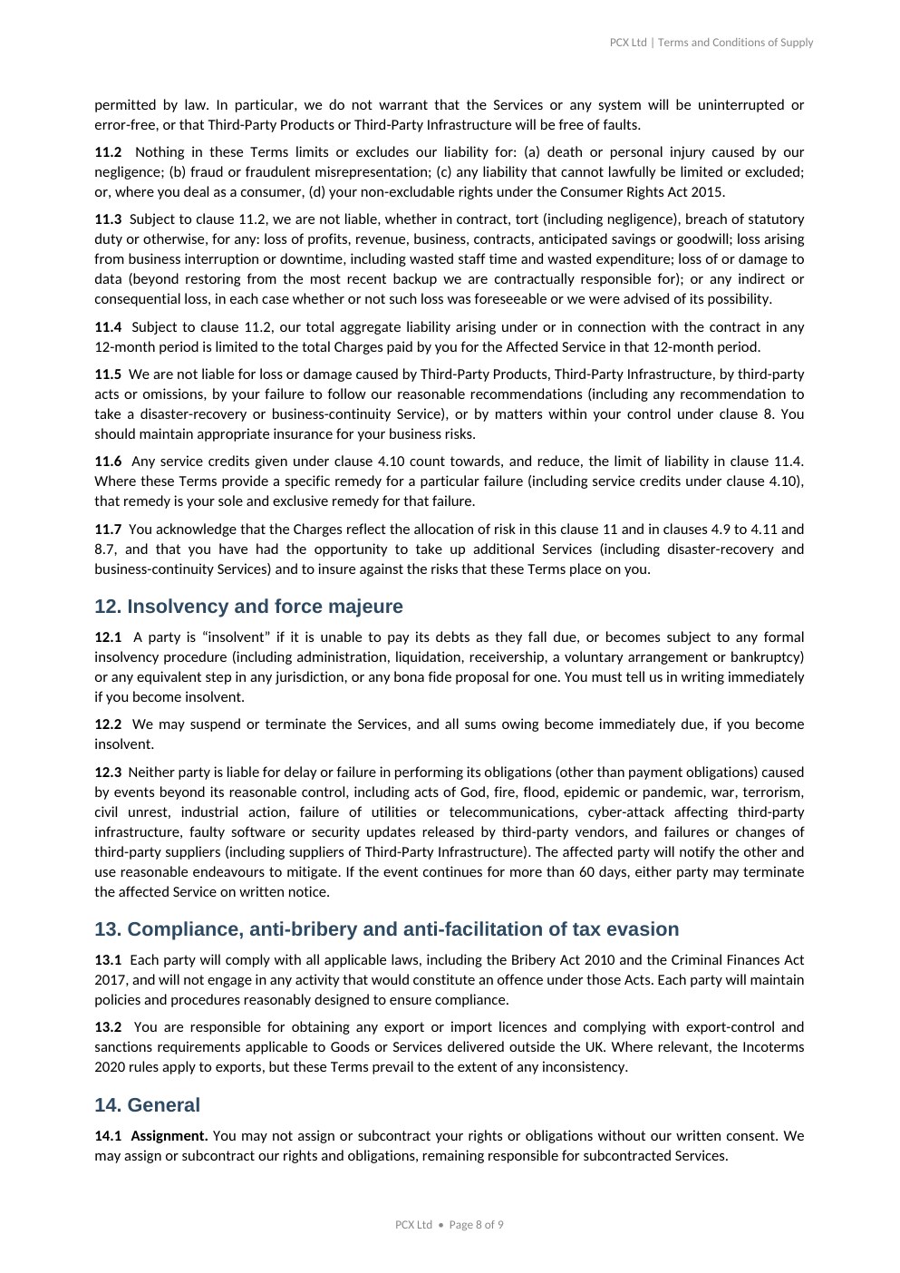 PCX Ltd Terms and Conditions, page 8 of 9
