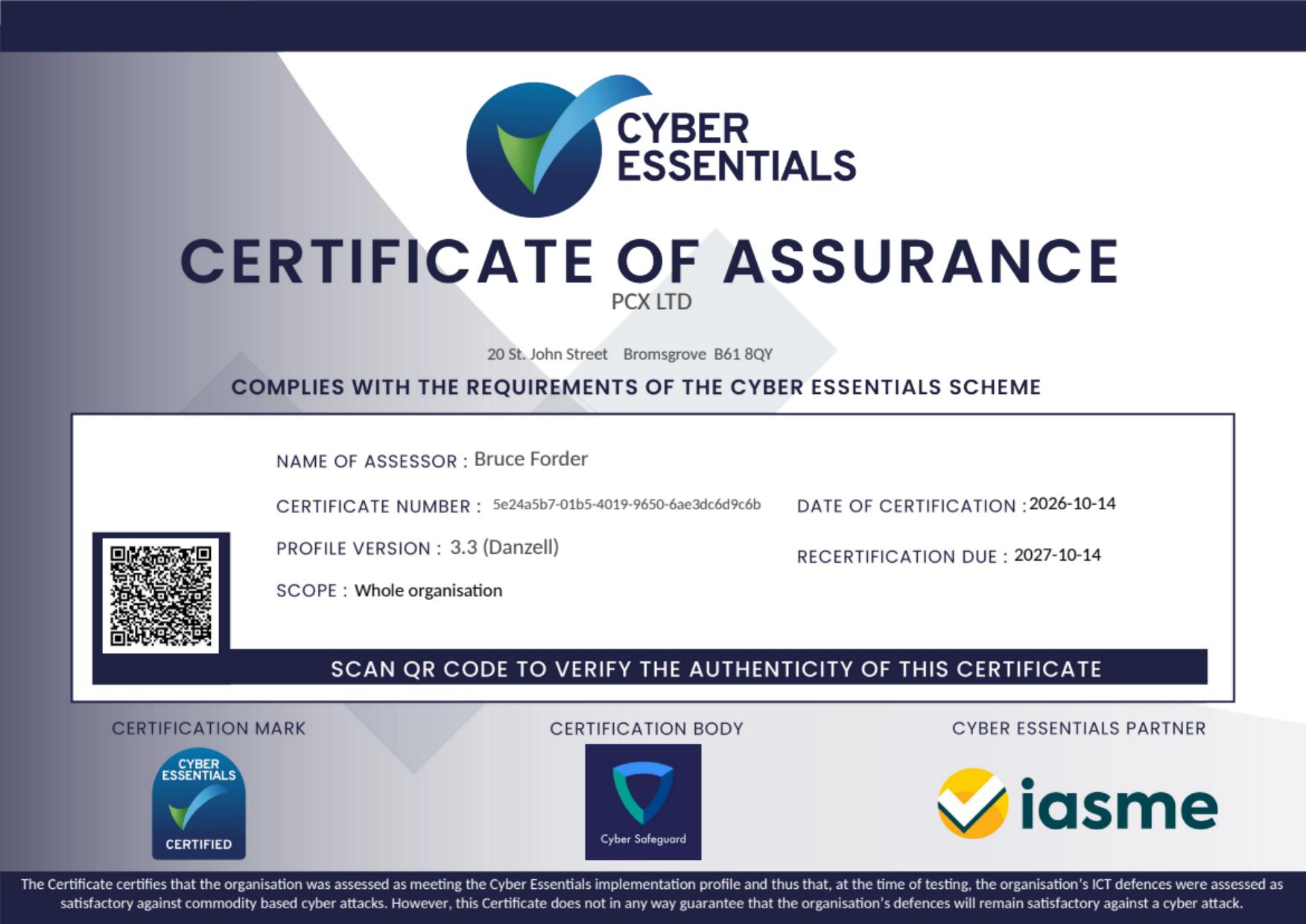 PCX Ltd Cyber Essentials Certificate of Assurance
