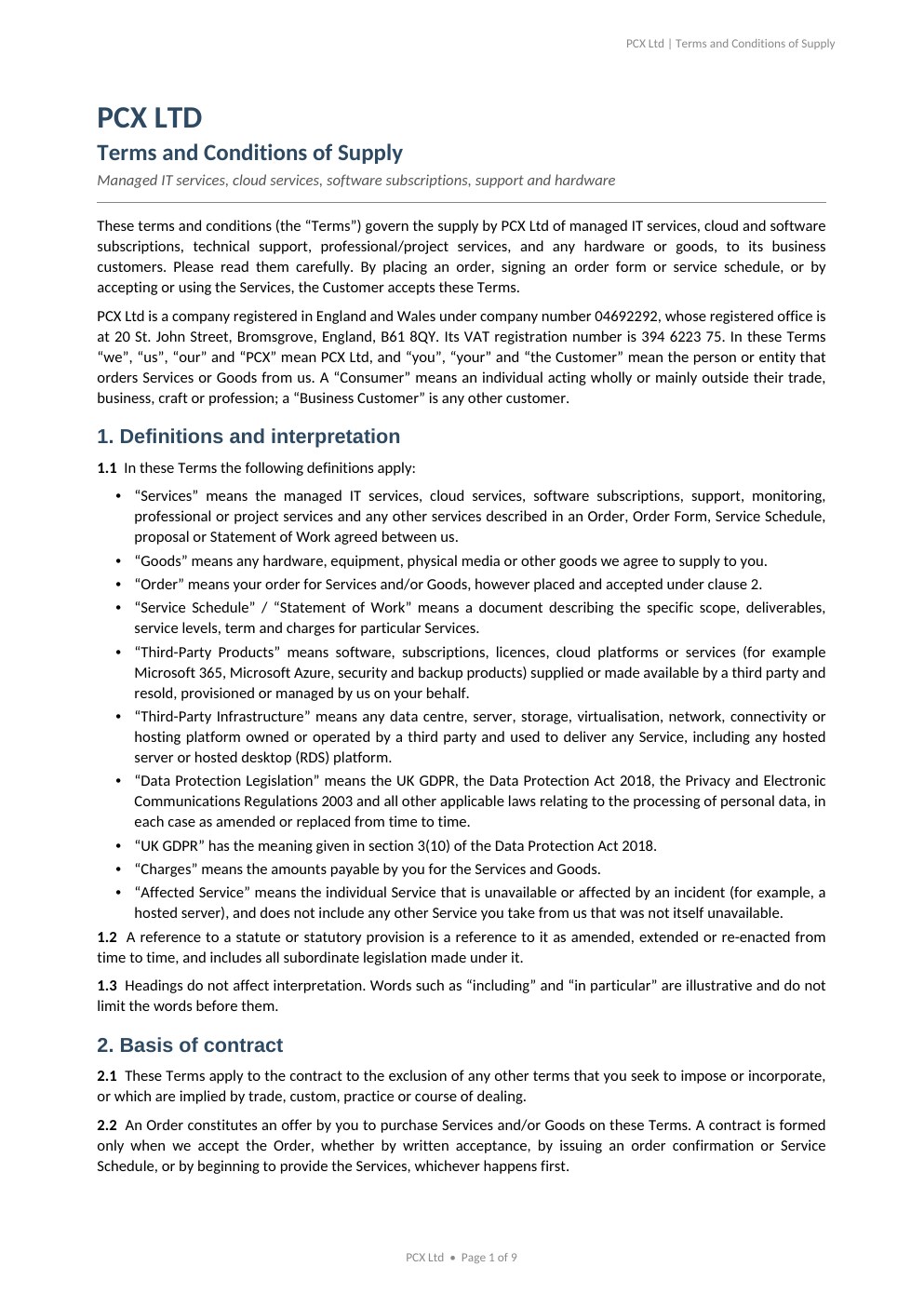PCX Ltd Terms and Conditions, page 1 of 9